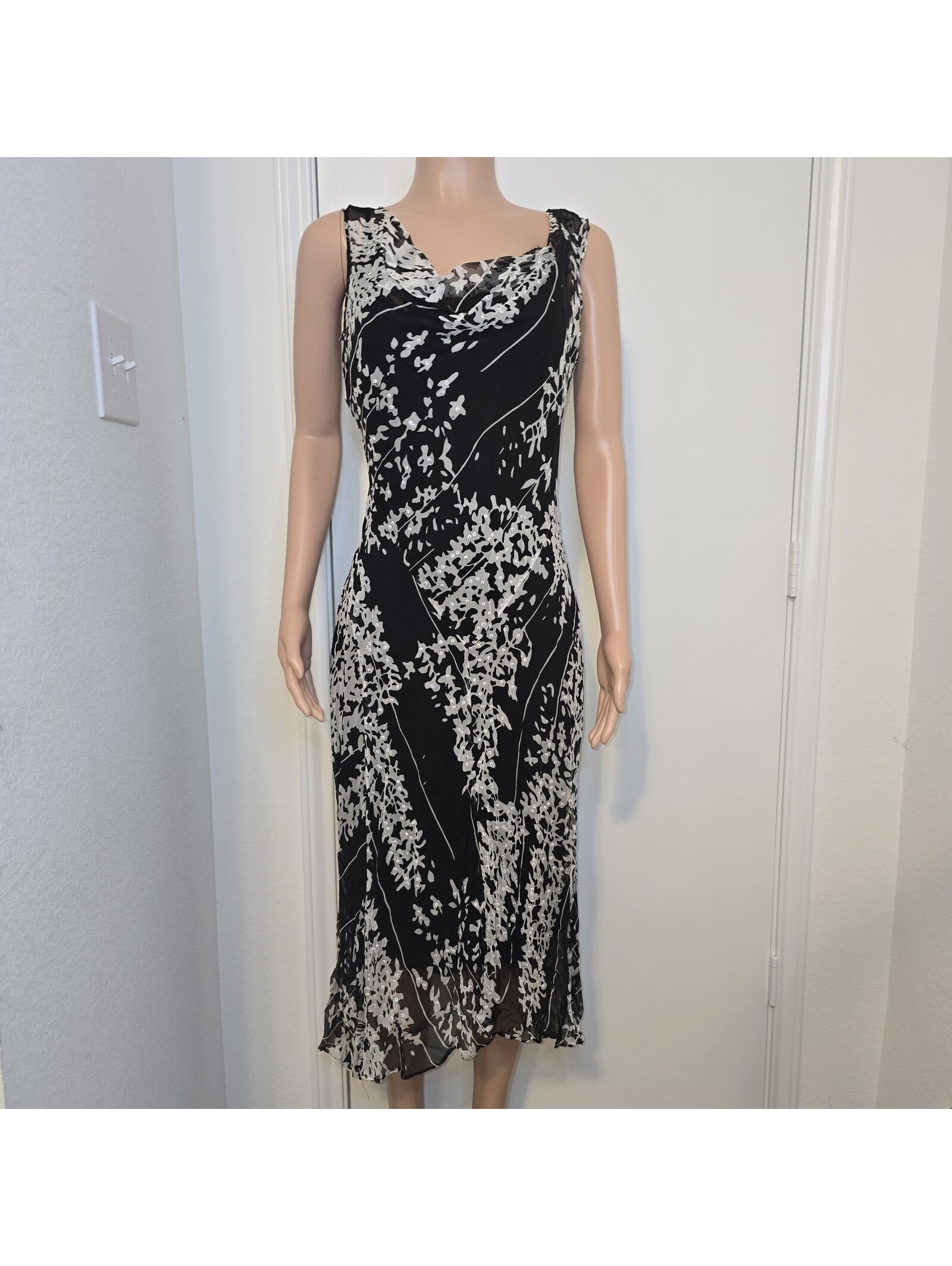 Vtg Cache Silk Floral Dress Y2k B&W Sz 4 Sequin Evening Gown